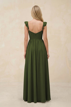 Ruffled Sleeve A - Line Corset Chiffon Bridesmaid Dress in Olive - SHE IS ME Bridesmaid Dresses