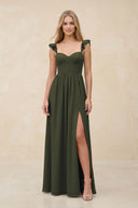 Ruffled Sleeve A-Line Corset Chiffon Bridesmaid Dress in Olive | KISSBRIDAL