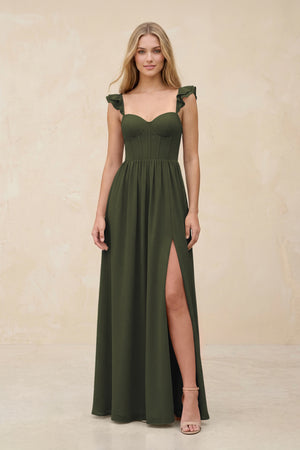 Ruffled Sleeve A-Line Corset Chiffon Bridesmaid Dress in Olive | KISSBRIDAL
