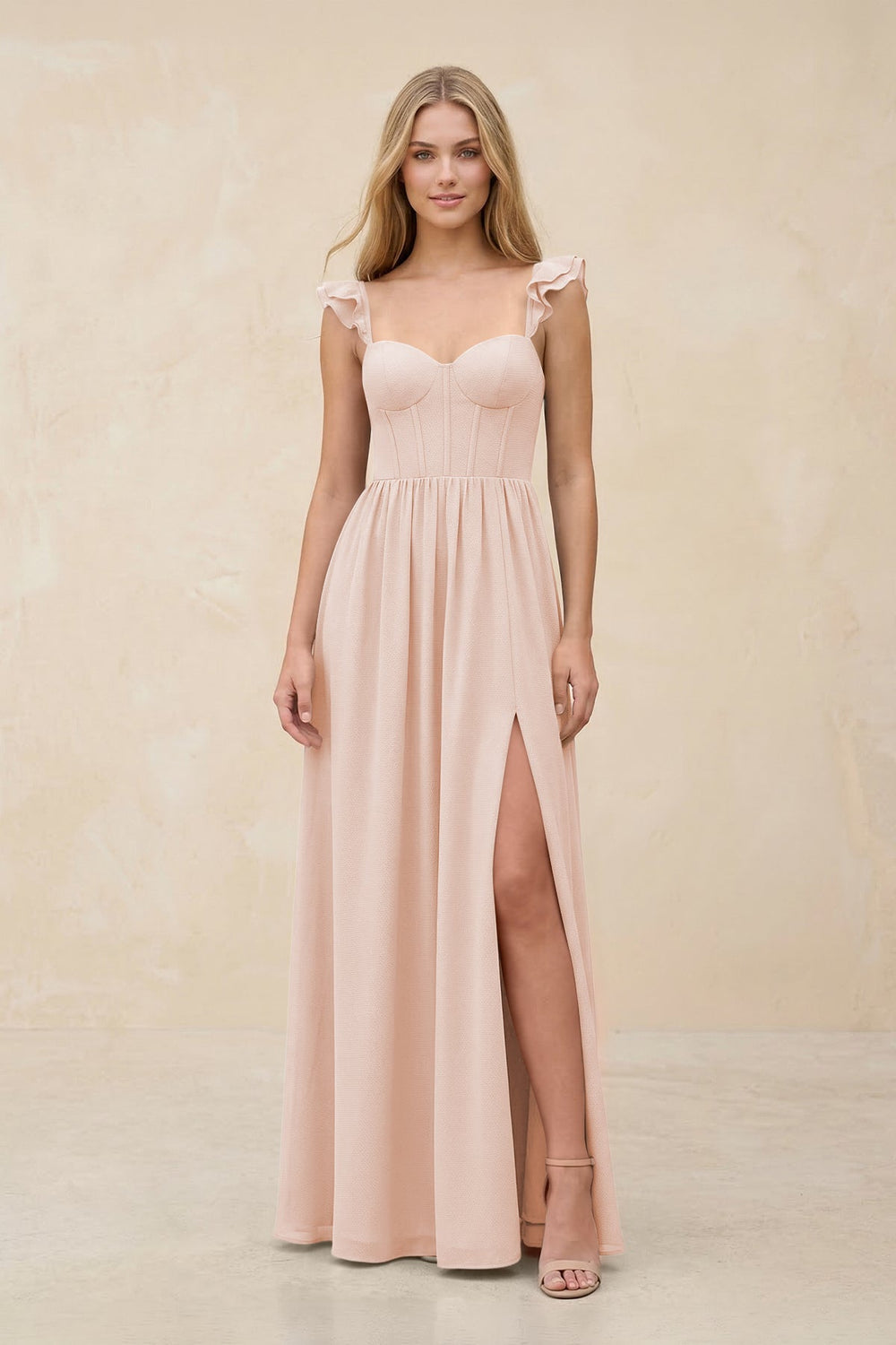 Ruffled Sleeve A - Line Corset Chiffon Bridesmaid Dress in Pale Blush - KISS BRIDAL Bridesmaid Dresses