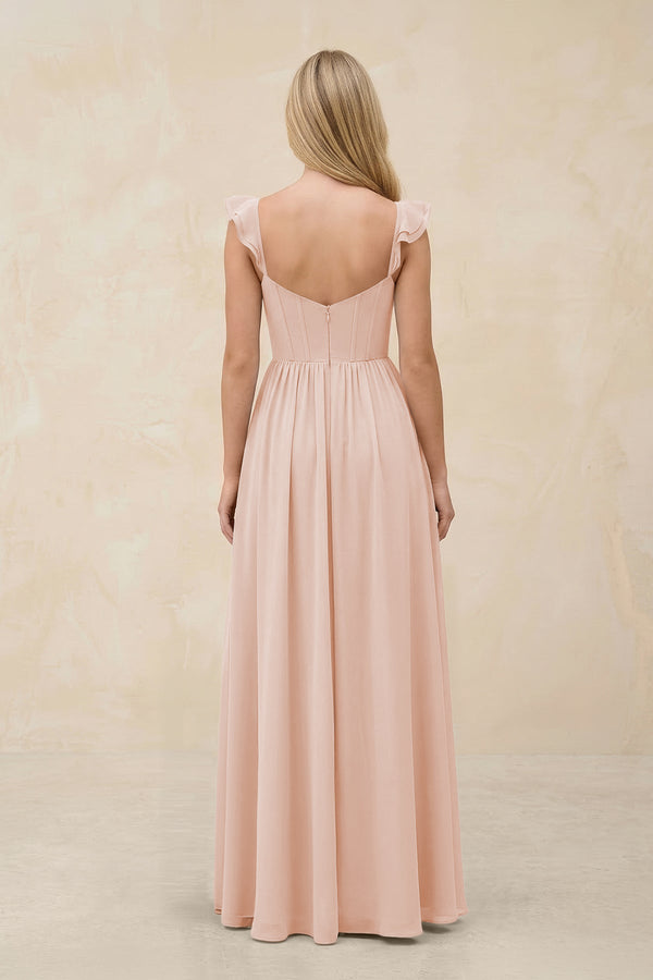 Ruffled Sleeve A - Line Corset Chiffon Bridesmaid Dress in Pale Blush - SHE IS ME Bridesmaid Dresses