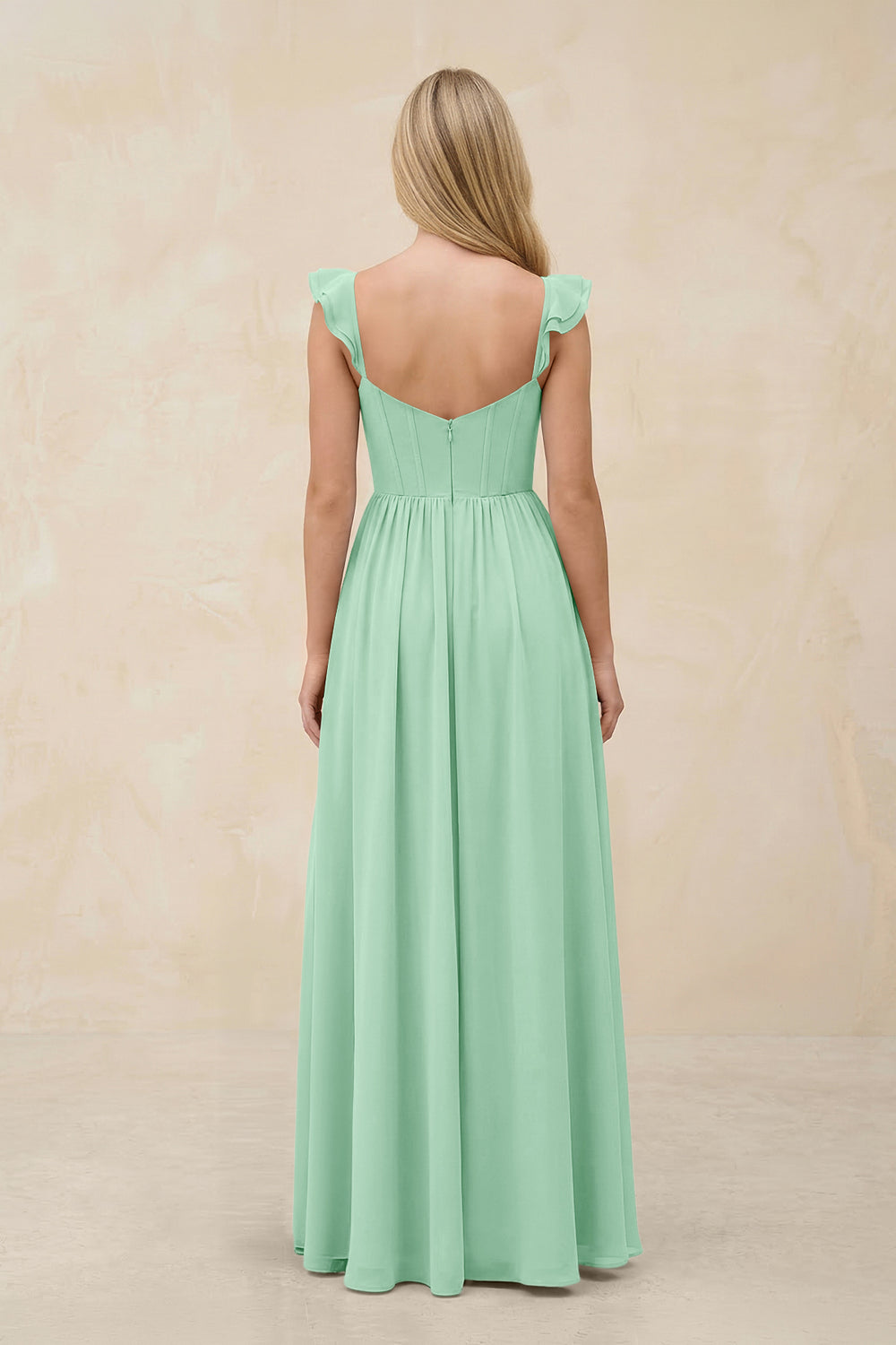 Ruffled Sleeve A-Line Corset Chiffon Bridesmaid Dress in Pale Pistachio