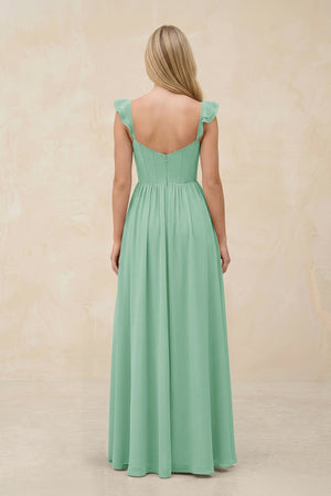 Ruffled Sleeve A - Line Corset Chiffon Bridesmaid Dress in Pale Pistachio - SHE IS ME Bridesmaid Dresses