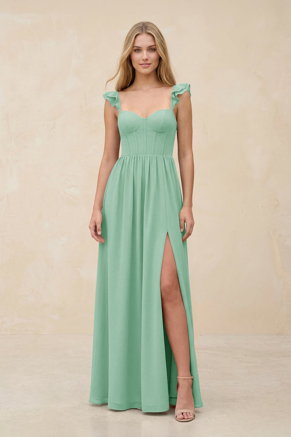 Ruffled Sleeve A - Line Corset Chiffon Bridesmaid Dress in Pale Pistachio - KISS BRIDAL Bridesmaid Dresses