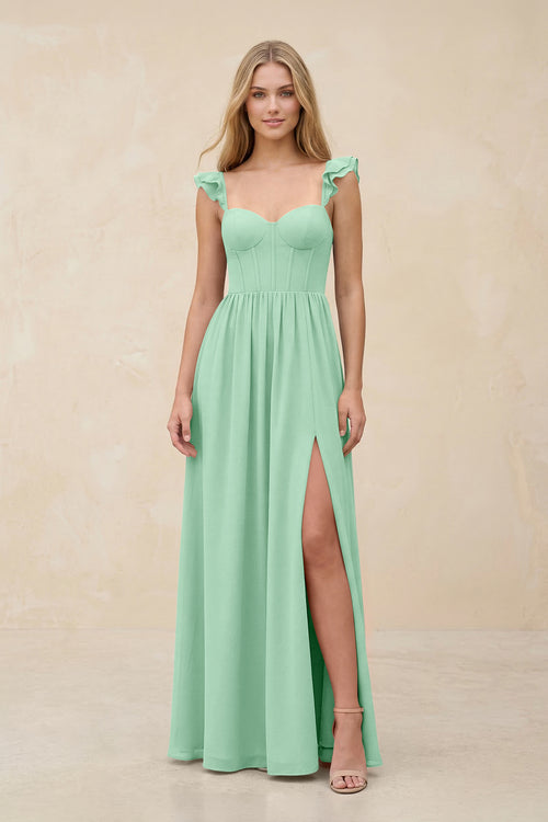 Ruffled Sleeve A-Line Corset Chiffon Bridesmaid Dress in Pale Pistachio | KISSBRIDAL