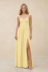 Ruffled Sleeve A - Line Corset Chiffon Bridesmaid Dress in Pastel Yellow - KISS BRIDAL Bridesmaid Dresses