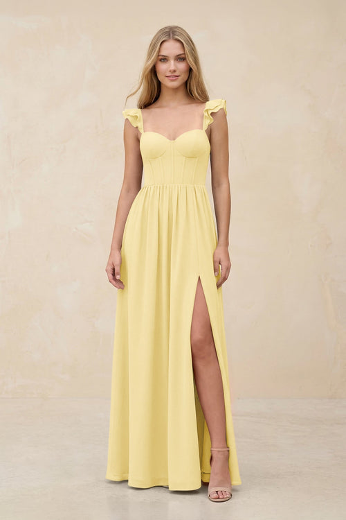 Ruffled Sleeve A - Line Corset Chiffon Bridesmaid Dress in Pastel Yellow - SHE IS ME Bridesmaid Dresses