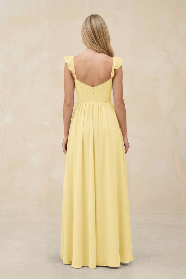 Ruffled Sleeve A - Line Corset Chiffon Bridesmaid Dress in Pastel Yellow - SHE IS ME Bridesmaid Dresses
