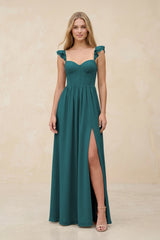 Ruffled Sleeve A - Line Corset Chiffon Bridesmaid Dress in Pine - KISS BRIDAL Bridesmaid Dresses