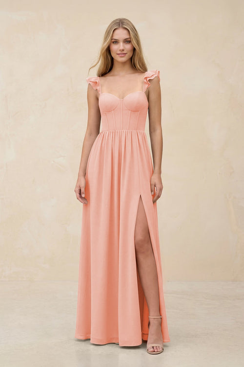 Ruffled Sleeve A - Line Corset Chiffon Bridesmaid Dress in Rose Petal - SHE IS ME Bridesmaid Dresses