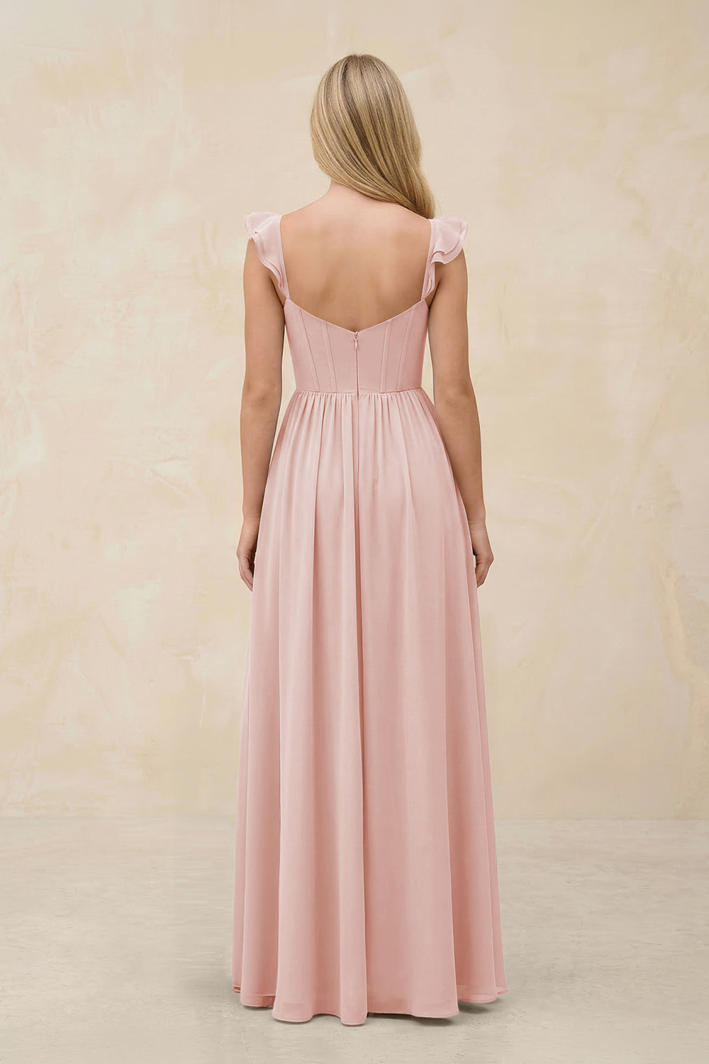 Ruffled Sleeve A-Line Corset Chiffon Bridesmaid Dress in Rose Petal