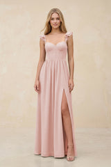 Ruffled Sleeve A-Line Corset Chiffon Bridesmaid Dress in Rose Petal | KISSBRIDAL