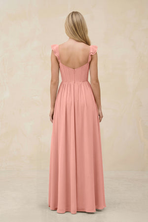 Ruffled Sleeve A-Line Corset Chiffon Bridesmaid Dress in Rosette (2) | KISSBRIDAL