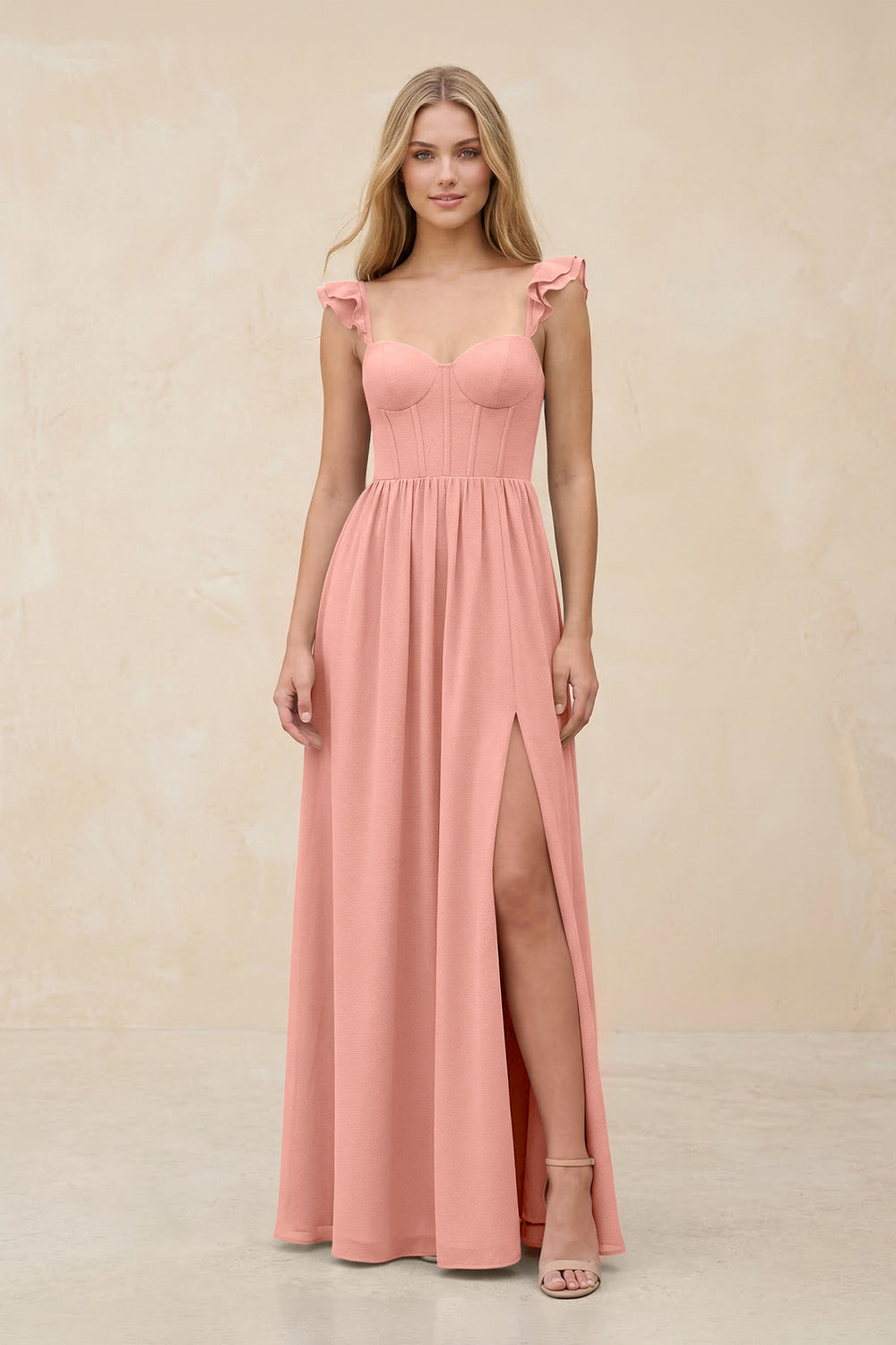 Ruffled Sleeve A-Line Corset Chiffon Bridesmaid Dress in Rosette