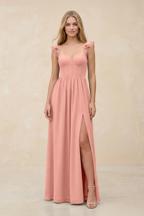 Ruffled Sleeve A-Line Corset Chiffon Bridesmaid Dress in Rosette | KISSBRIDAL