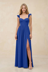 Ruffled Sleeve A - Line Corset Chiffon Bridesmaid Dress in Royal Blue - KISS BRIDAL Bridesmaid Dresses