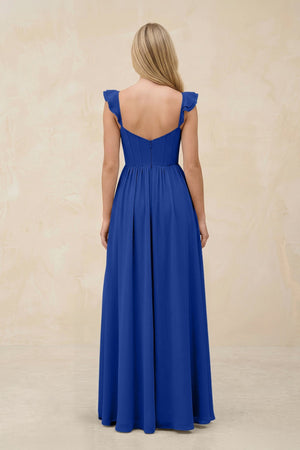 Ruffled Sleeve A - Line Corset Chiffon Bridesmaid Dress in Royal Blue - SHE IS ME Bridesmaid Dresses