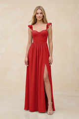 Ruffled Sleeve A - Line Corset Chiffon Bridesmaid Dress in Ruby Red - KISS BRIDAL Bridesmaid Dresses