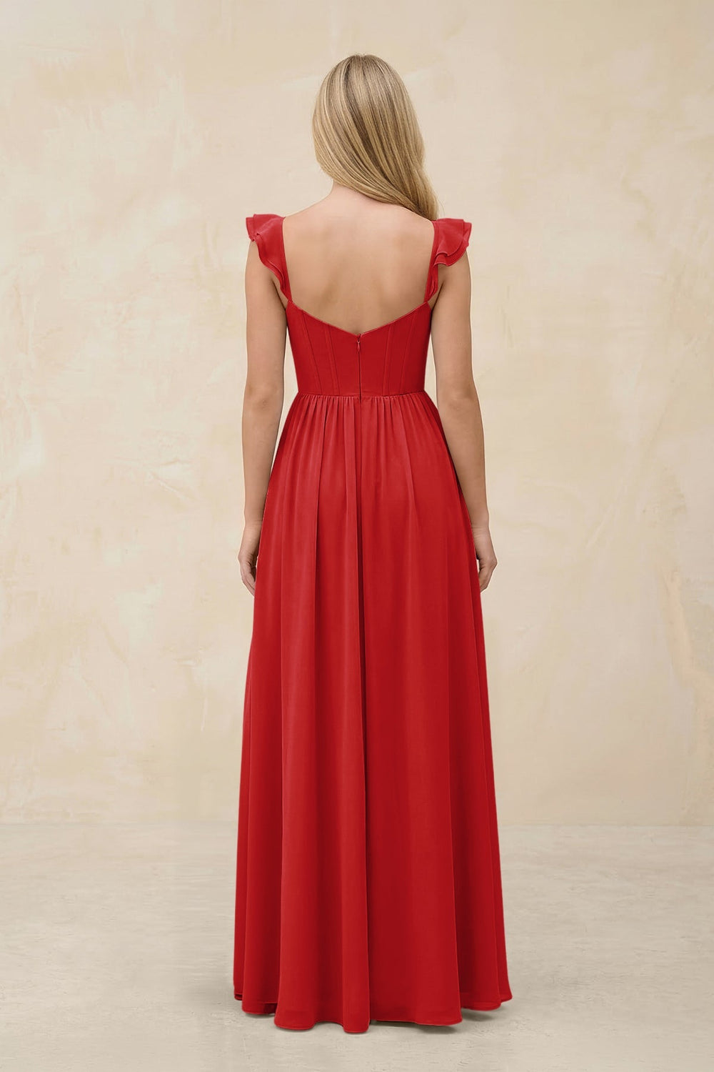 Ruffled Sleeve A - Line Corset Chiffon Bridesmaid Dress in Ruby Red - KISS BRIDAL Bridesmaid Dresses