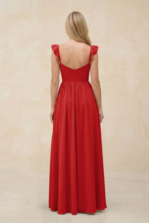 Ruffled Sleeve A - Line Corset Chiffon Bridesmaid Dress in Ruby Red - SHE IS ME Bridesmaid Dresses