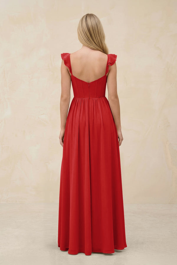 Ruffled Sleeve A - Line Corset Chiffon Bridesmaid Dress in Ruby Red - SHE IS ME Bridesmaid Dresses