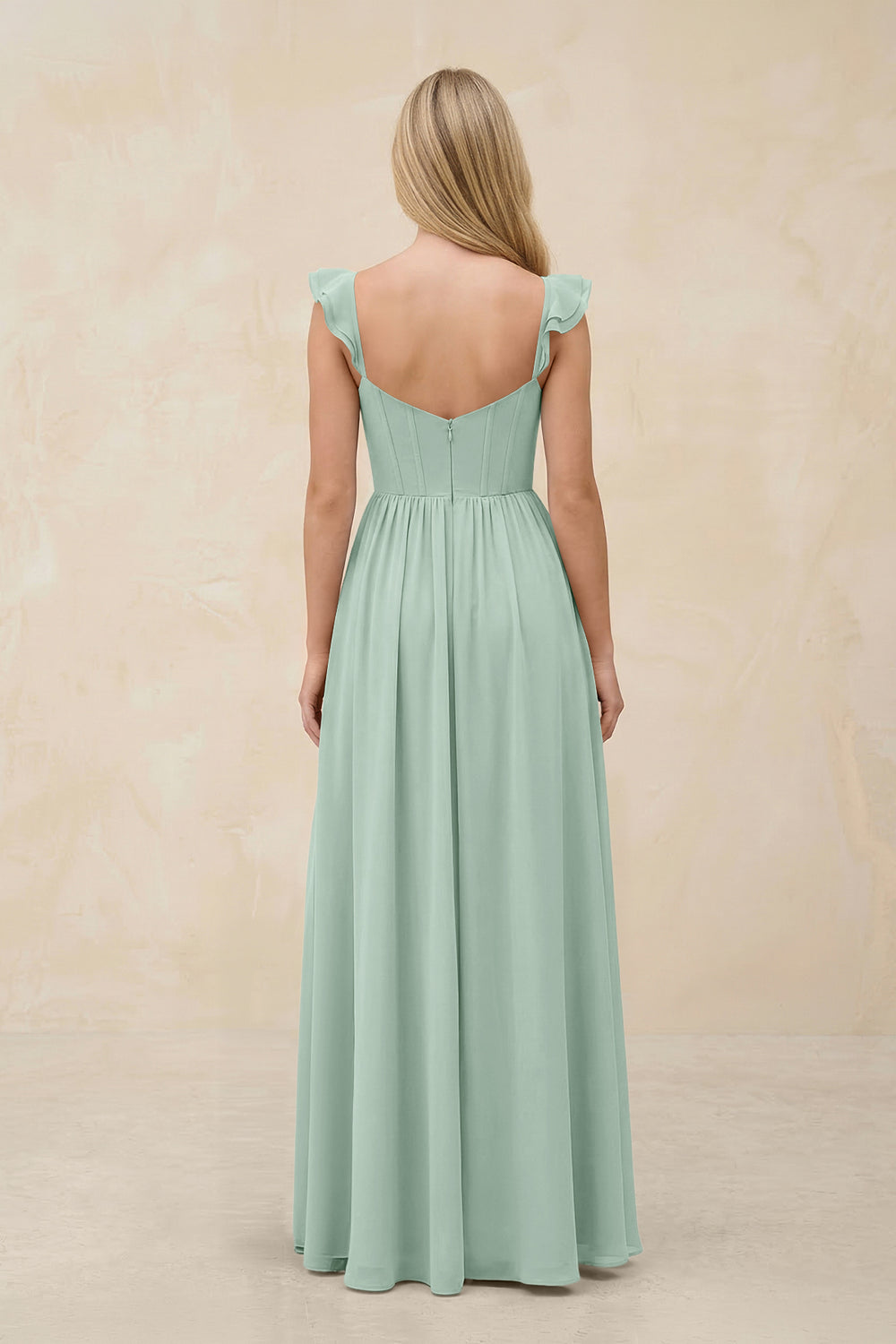 Ruffled Sleeve A-Line Corset Chiffon Bridesmaid Dress in Sage
