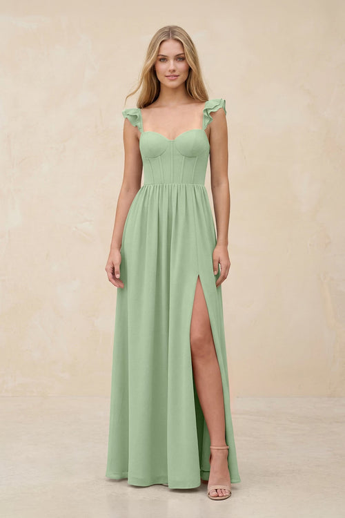 Ruffled Sleeve A - Line Corset Chiffon Bridesmaid Dress in Sage - SHE IS ME Bridesmaid Dresses