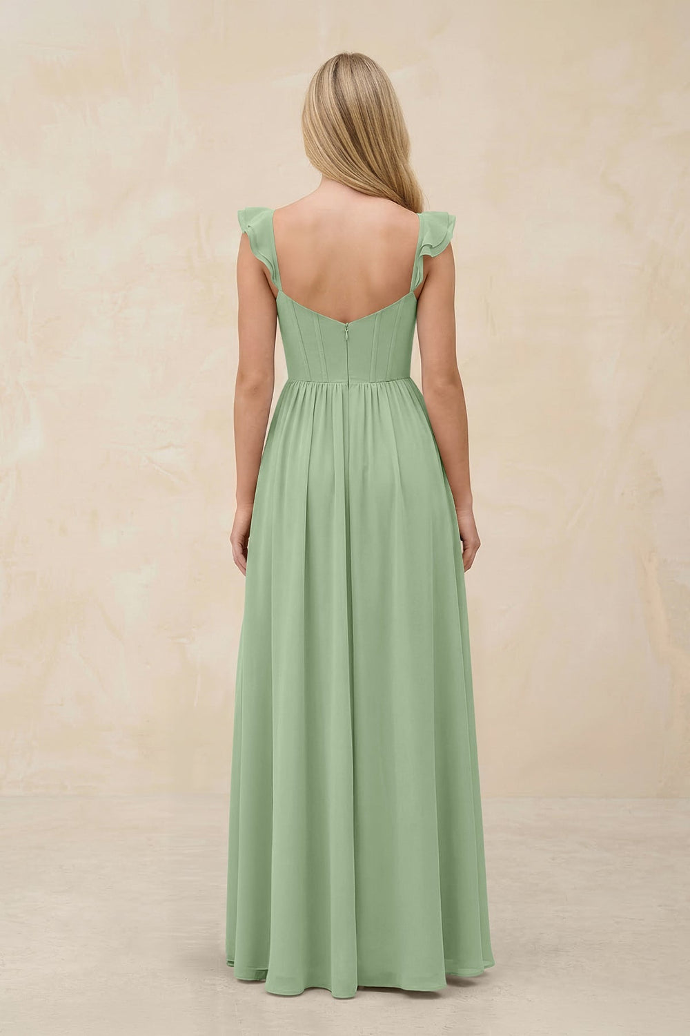 Ruffled Sleeve A - Line Corset Chiffon Bridesmaid Dress in Sage - KISS BRIDAL Bridesmaid Dresses