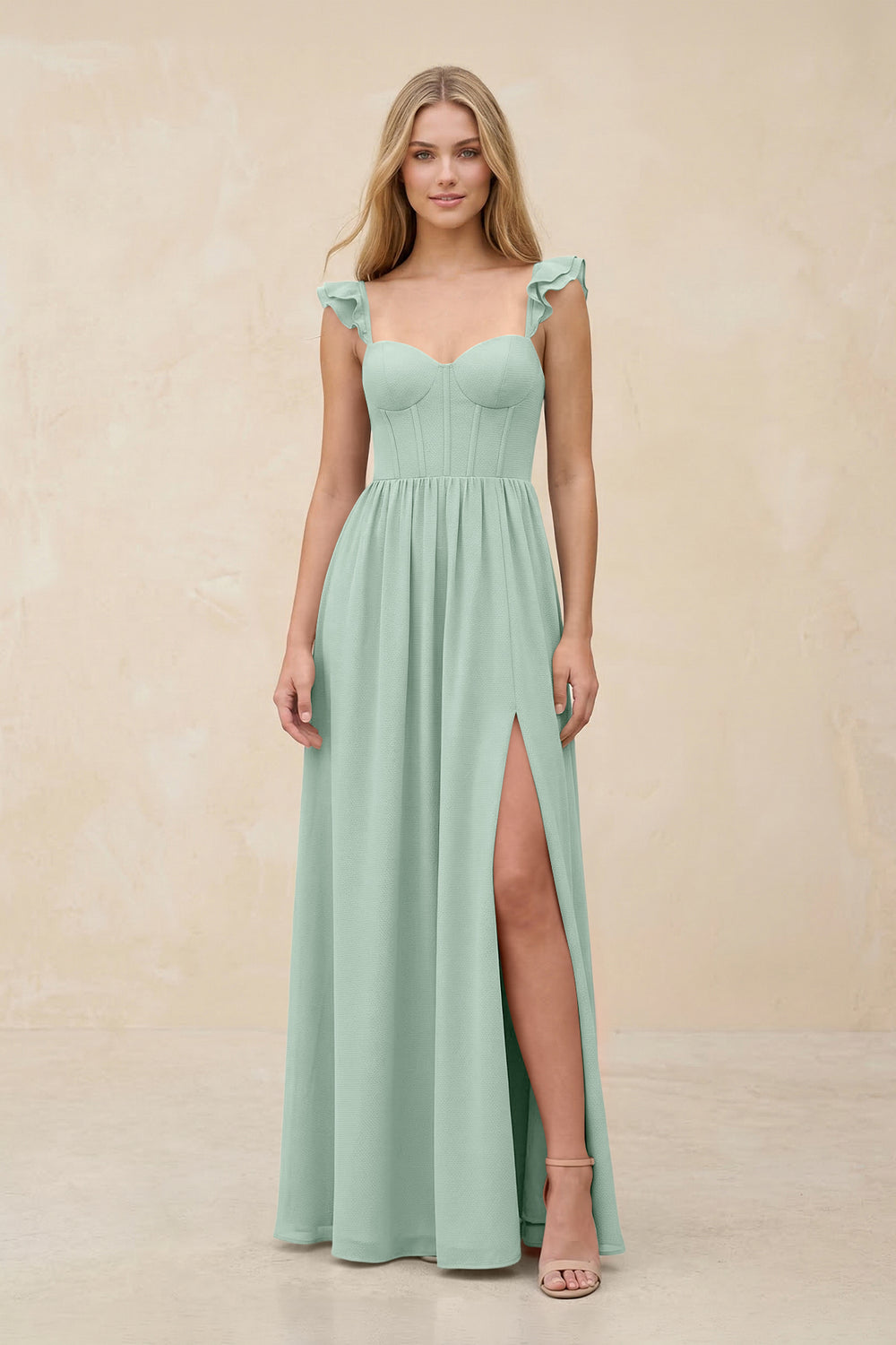 Ruffled Sleeve A-Line Corset Chiffon Bridesmaid Dress in Sage