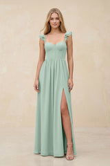 Ruffled Sleeve A-Line Corset Chiffon Bridesmaid Dress in Sage | KISSBRIDAL