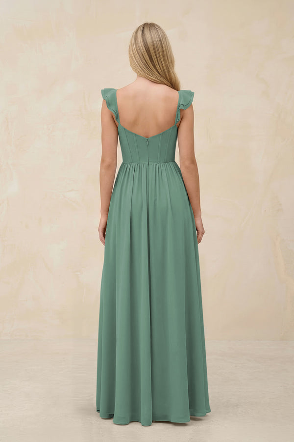 Ruffled Sleeve A-Line Corset Chiffon Bridesmaid Dress in Sea Glass (2) | KISSBRIDAL