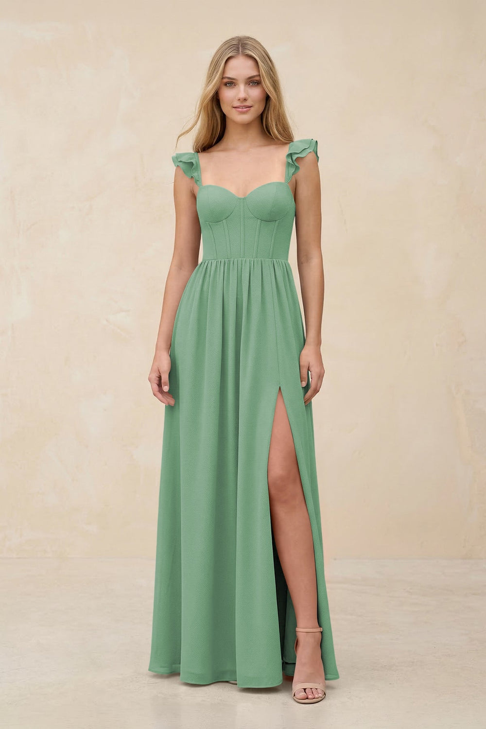 Ruffled Sleeve A - Line Corset Chiffon Bridesmaid Dress in Sea Glass - KISS BRIDAL Bridesmaid Dresses