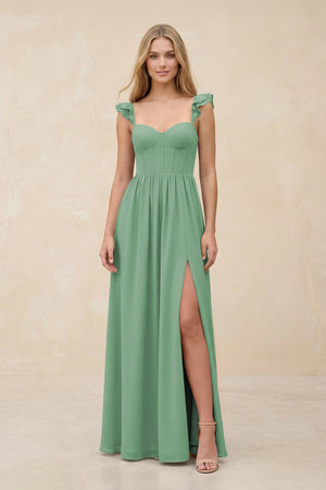 Ruffled Sleeve A - Line Corset Chiffon Bridesmaid Dress in Sea Glass - SHE IS ME Bridesmaid Dresses