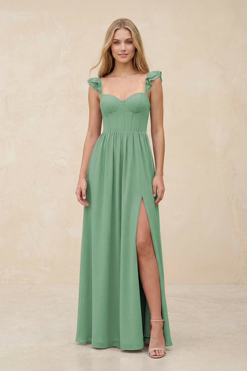 Ruffled Sleeve A - Line Corset Chiffon Bridesmaid Dress in Sea Glass - SHE IS ME Bridesmaid Dresses
