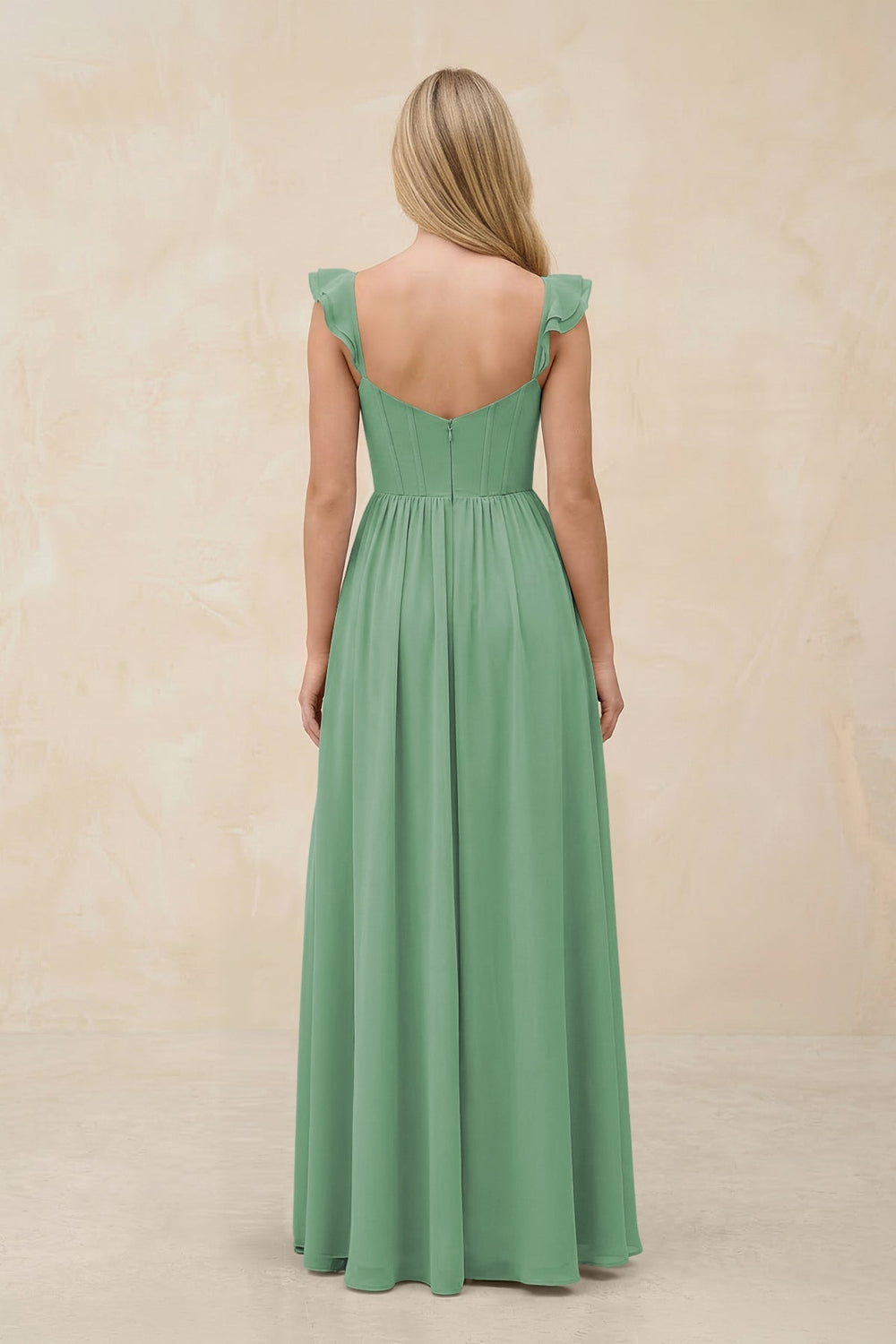 Ruffled Sleeve A - Line Corset Chiffon Bridesmaid Dress in Sea Glass - KISS BRIDAL Bridesmaid Dresses