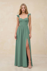 Ruffled Sleeve A-Line Corset Chiffon Bridesmaid Dress in Sea Glass | KISSBRIDAL