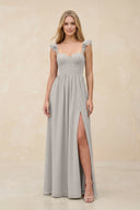 Ruffled Sleeve A - Line Corset Chiffon Bridesmaid Dress in Silver - SHE IS ME Bridesmaid Dresses