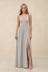 Ruffled Sleeve A - Line Corset Chiffon Bridesmaid Dress in Silver - KISS BRIDAL Bridesmaid Dresses