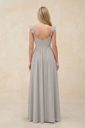Ruffled Sleeve A - Line Corset Chiffon Bridesmaid Dress in Silver - SHE IS ME Bridesmaid Dresses