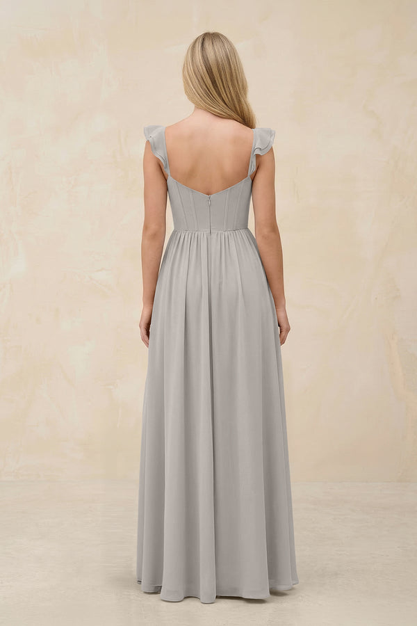 Ruffled Sleeve A - Line Corset Chiffon Bridesmaid Dress in Silver - SHE IS ME Bridesmaid Dresses