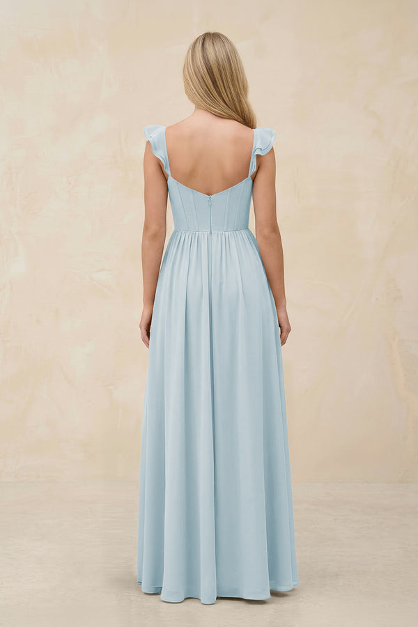 Ruffled Sleeve A-Line Corset Chiffon Bridesmaid Dress in Sky Blue (2) | KISSBRIDAL