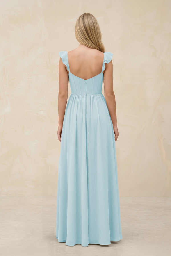 Ruffled Sleeve A - Line Corset Chiffon Bridesmaid Dress in Sky Blue - SHE IS ME Bridesmaid Dresses