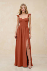 Ruffled Sleeve A - Line Corset Chiffon Bridesmaid Dress in Spice - KISS BRIDAL Bridesmaid Dresses
