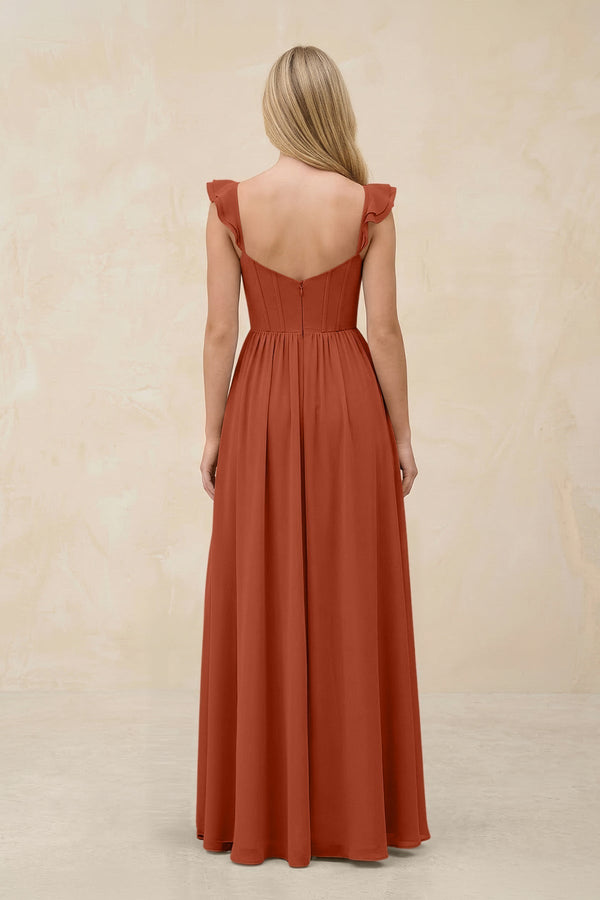 Ruffled Sleeve A - Line Corset Chiffon Bridesmaid Dress in Spice - SHE IS ME Bridesmaid Dresses
