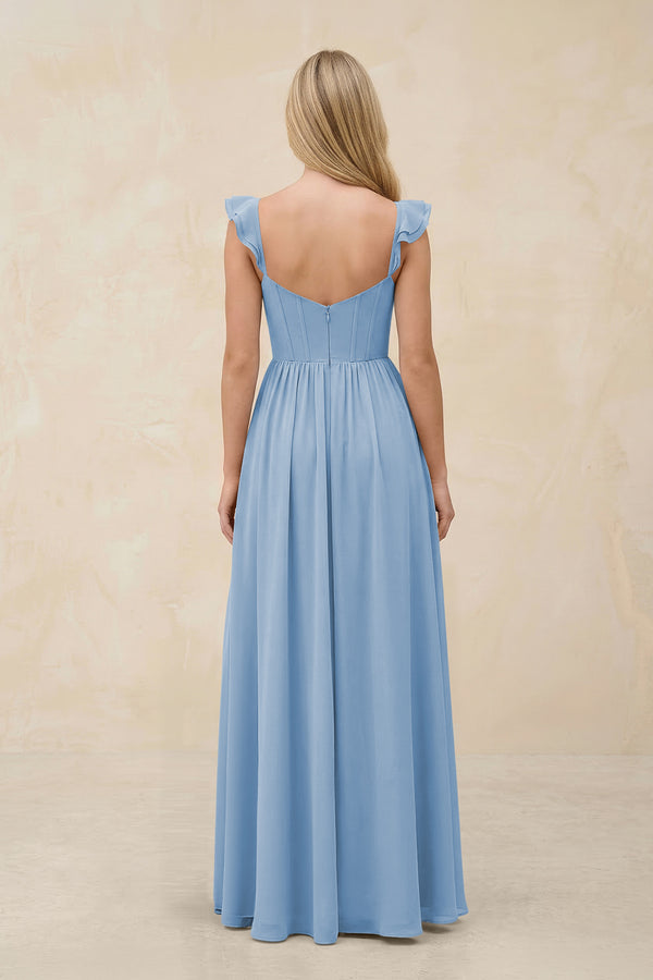 Ruffled Sleeve A-Line Corset Chiffon Bridesmaid Dress in Steel Blue (2) | KISSBRIDAL