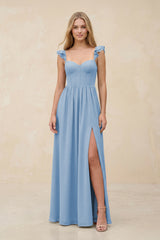Ruffled Sleeve A-Line Corset Chiffon Bridesmaid Dress in Steel Blue | KISSBRIDAL