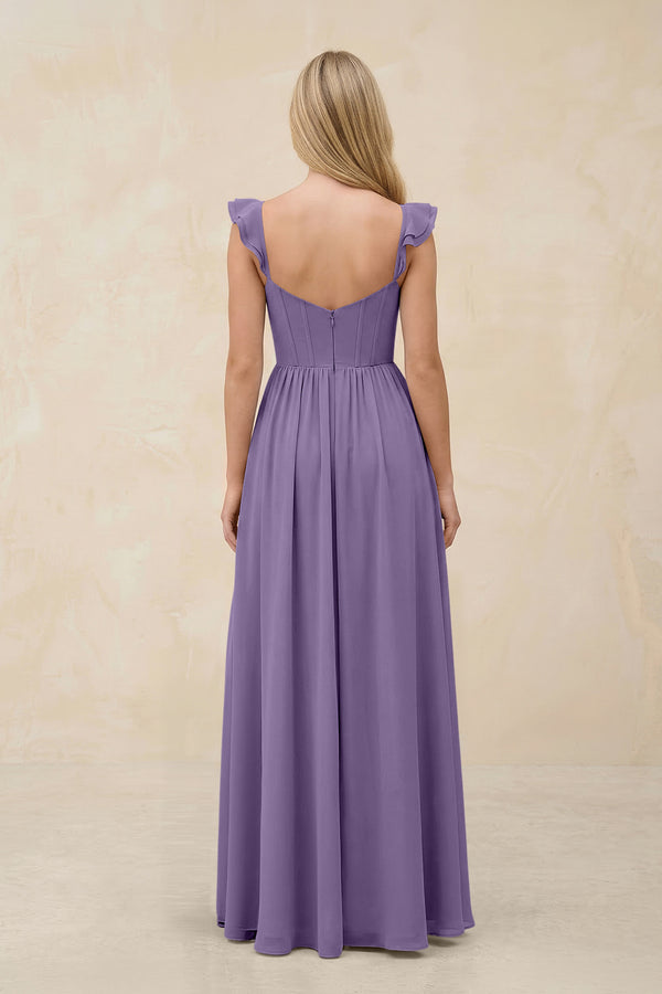 Ruffled Sleeve A-Line Corset Chiffon Bridesmaid Dress in Tahiti (2) | KISSBRIDAL