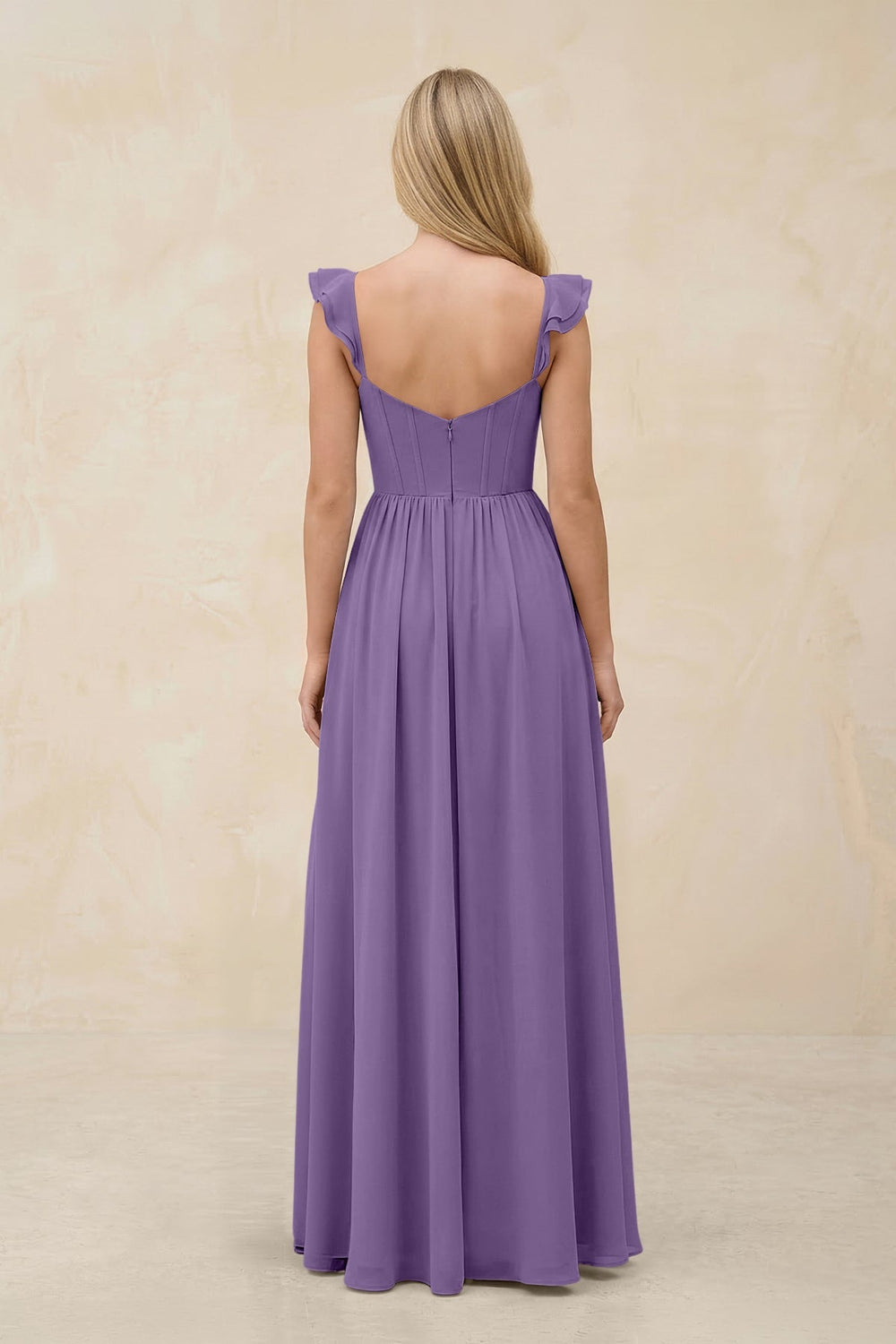 Ruffled Sleeve A - Line Corset Chiffon Bridesmaid Dress in Tahiti - KISS BRIDAL Bridesmaid Dresses