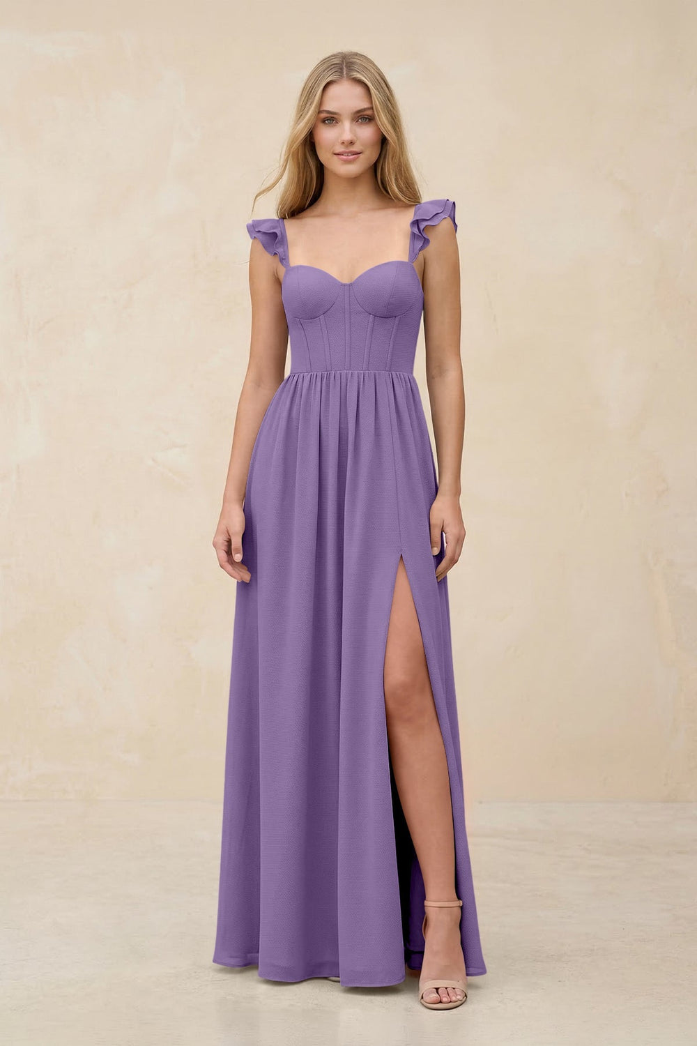 Ruffled Sleeve A - Line Corset Chiffon Bridesmaid Dress in Tahiti - KISS BRIDAL Bridesmaid Dresses