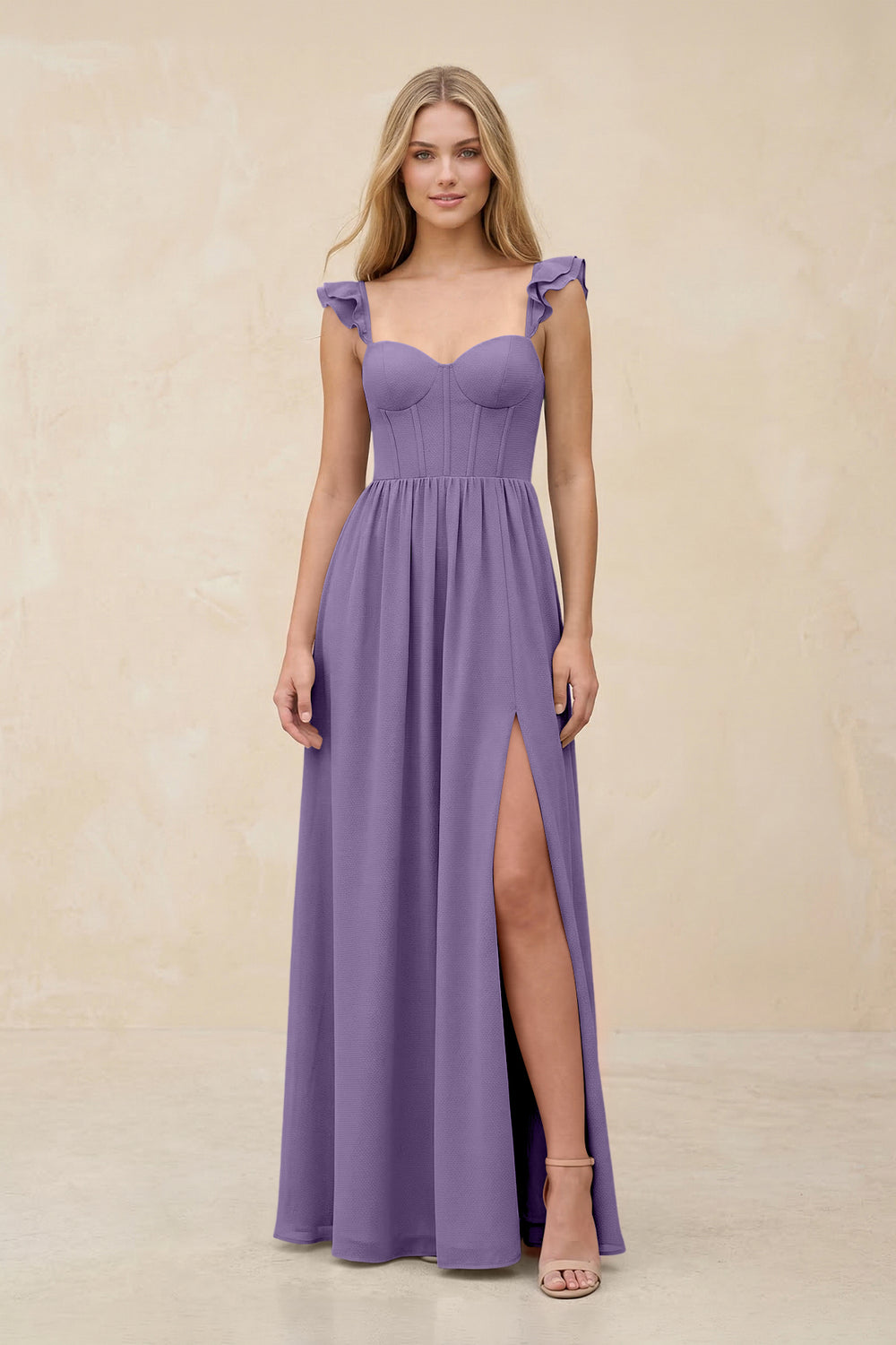 Ruffled Sleeve A-Line Corset Chiffon Bridesmaid Dress in Tahiti